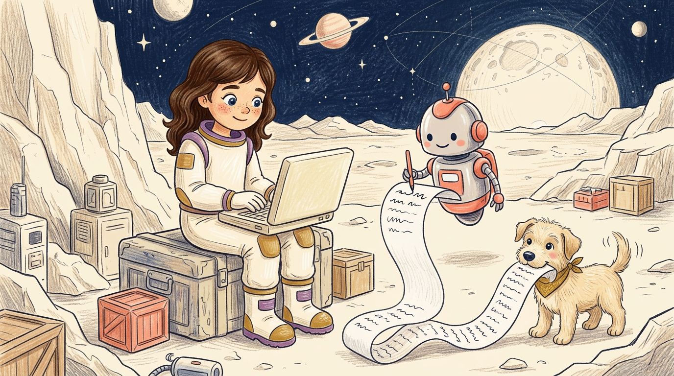 Coloured-pencil scene of Sarah on a crate with a laptop while a small robot writes on a long scroll that Kalle holds in his mouth