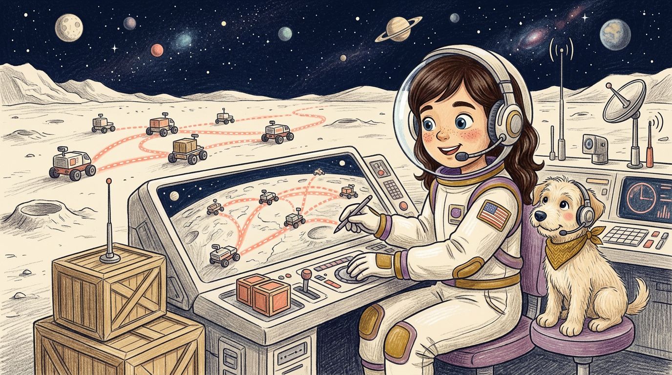 Coloured-pencil scene of Sarah at a lunar mission-control desk directing rovers along glowing routes while Kalle wears a matching headset
