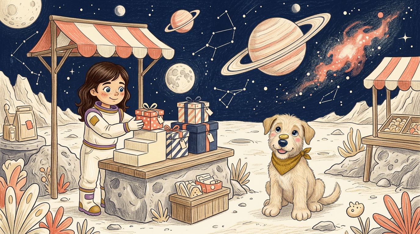 Coloured-pencil scene of Sarah stocking a striped market stall on the moon while Kalle balances a gold coin on his nose
