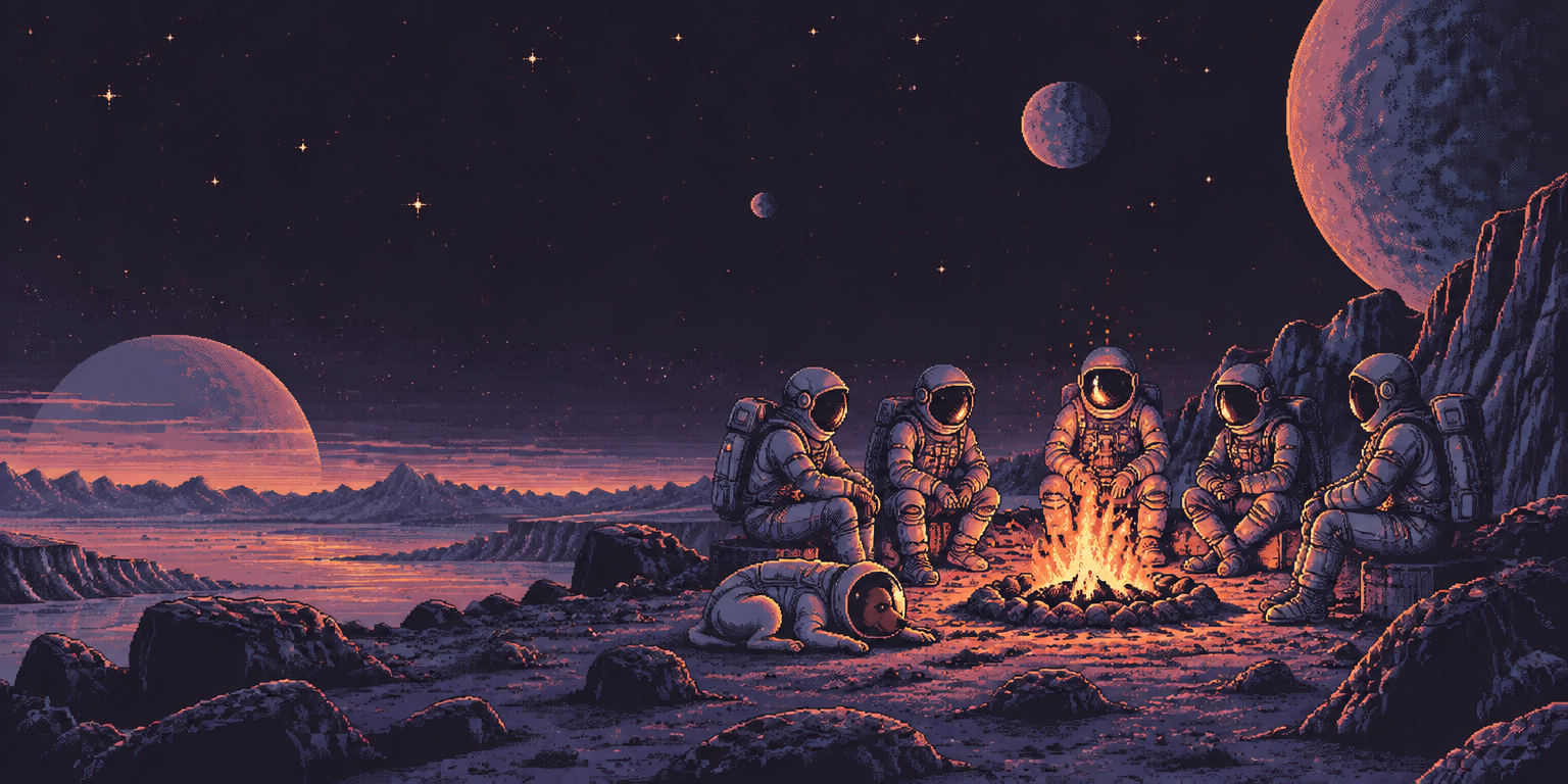 Pixel-art astronauts and a suited dog gathered around a campfire on an alien planet