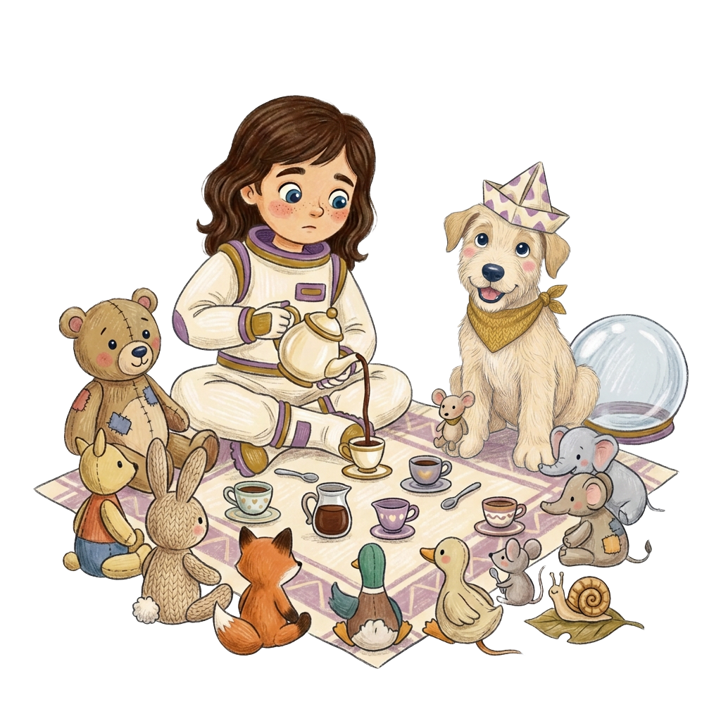 Colored-pencil scene of Sarah pouring tea on a picnic blanket with Kalle and a circle of stuffed animals