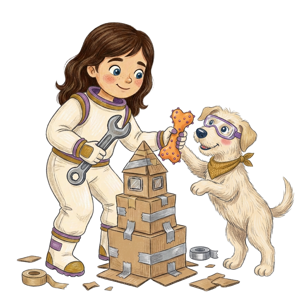 Colored-pencil scene of Sarah with a wrench and Kalle in goggles building a rocket out of cardboard boxes