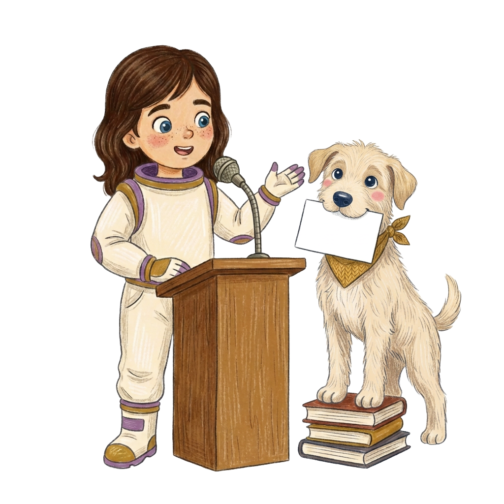 Colored-pencil scene of Sarah speaking at a wooden podium while Kalle stands on a stack of books holding her notes