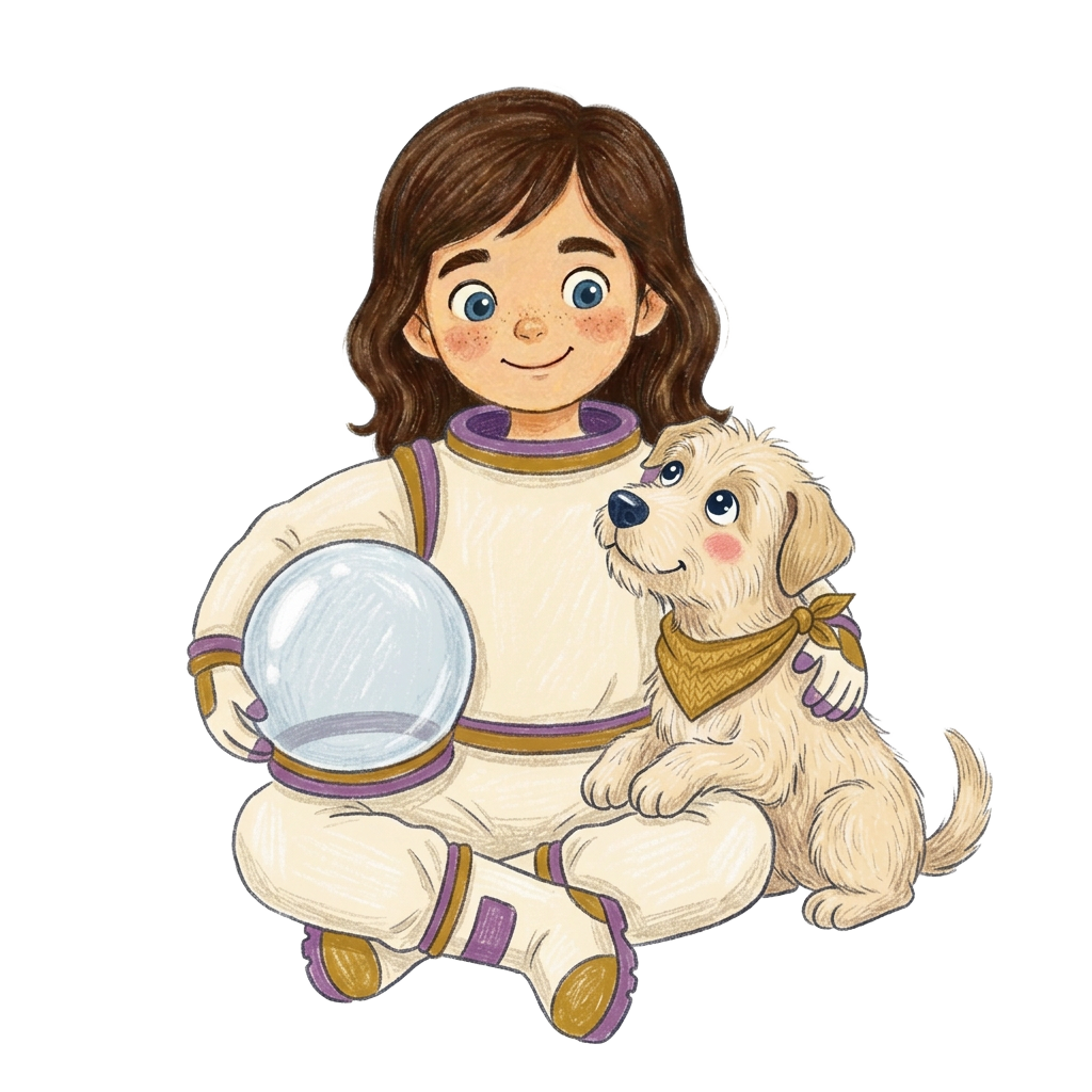 Sarah sitting in her astronaut suit with her helmet beside her while Kalle the puppy leans against her