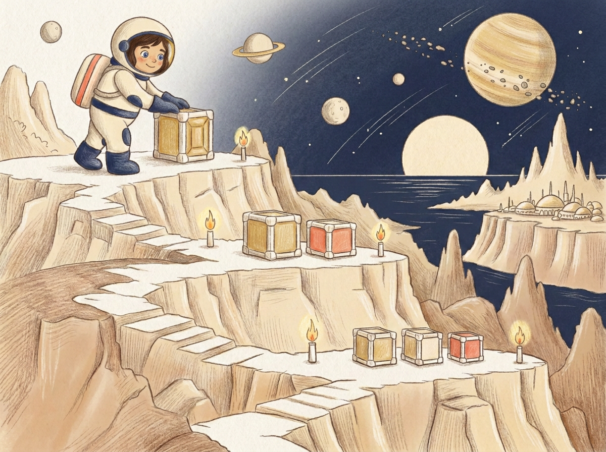 Faceless space explorer navigating three tiered planetary paths