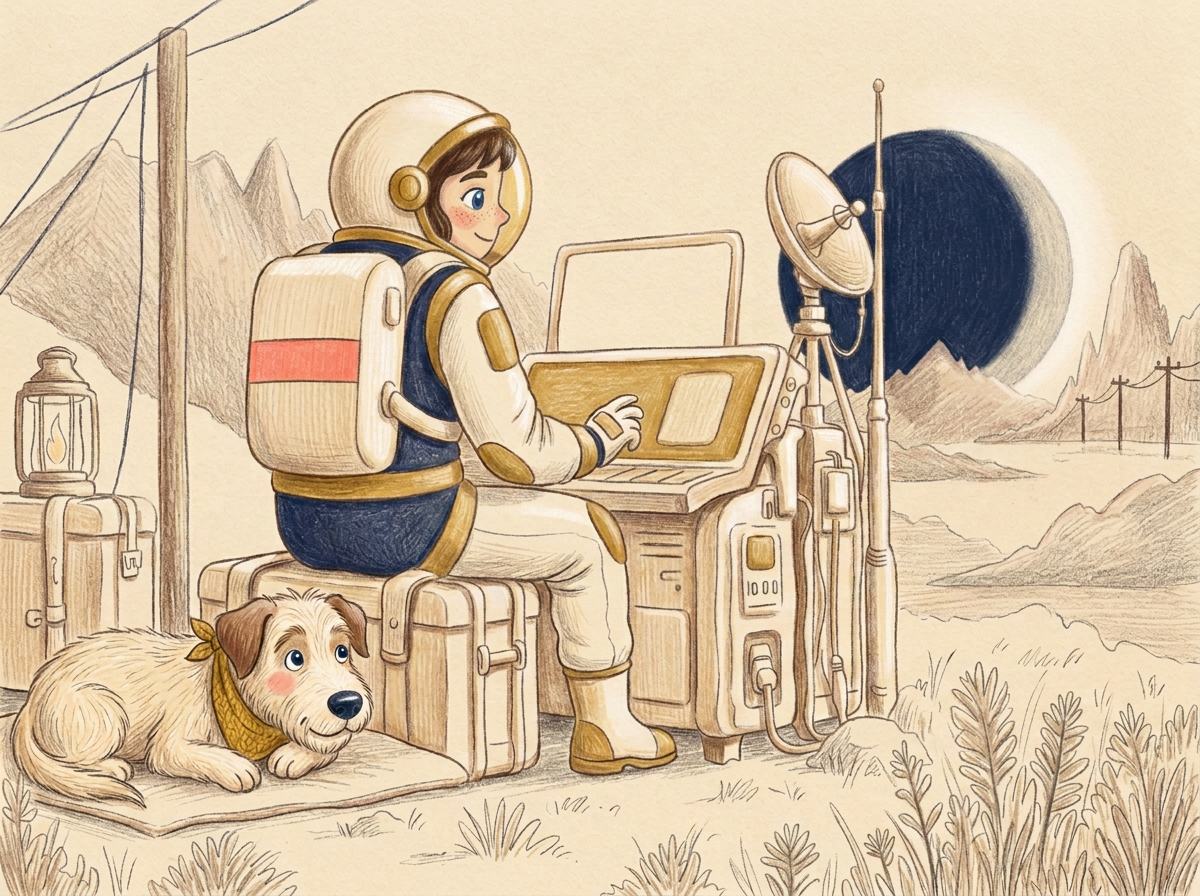 Sarah in an astronaut suit working at a communication console beside Kalle